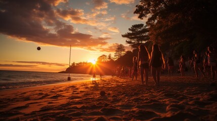 Sticker - A group of people sitting on a morocco beach in marrakech with some surfboards in the sand. ultra realistic, hyper detailed. Sunset on the very right. warm colors