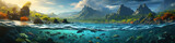 Fototapeta Natura - Panoramic split view of underwater life with marine animals in ocean or sea and tropical landscape with mountains and jungle, half underwater