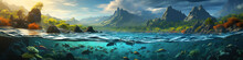 Panoramic Split View Of Underwater Life With Marine Animals In Ocean Or Sea And Tropical Landscape With Mountains And Jungle, Half Underwater