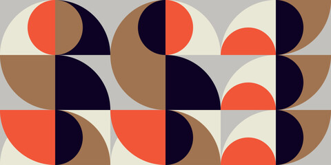 Poster - Geometric abstract vector seamless pattern with circles, rectangles and squares in retro Bauhaus style. Pastel colored simple shapes graphic background.