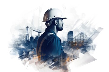 engineer or foreman on background of construction site, double exposure concept