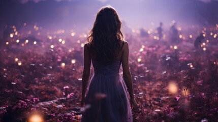 Poster - A wild flowers field, night, stars, horror, fog, mist, nostalgic, back view of a woman in long black dress, brown hair, standing toward à strange light,