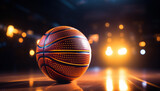 Fototapeta Fototapety sport - Basketball ball with lighting bokeh in gym. Intense sports action, team competition, and skillful play in dynamic arena setting, creating an electric atmosphere of passion and energy.