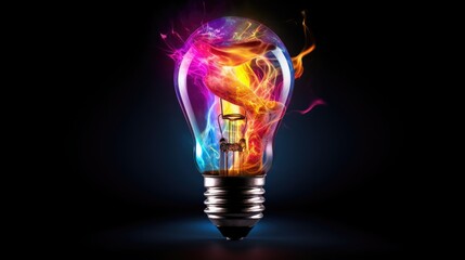 Wall Mural - lightbulb idea concept with colorful liquidof splashing unique creative idea on black background, ge