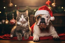 Dog And Cat Dressed In Santa Outfits Gathered Around A Beautifully Christmas Tree