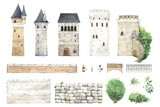 Set of different castle towers, elements of fence and bridge, lanterns and plants. Watercolor collection for your design, fantasy isolated illustration  for design poster, cover books or wallpapers.