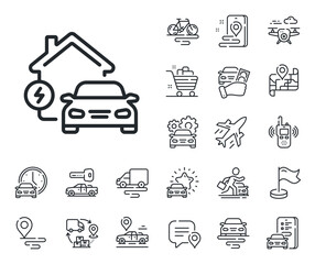 Wall Mural - Home car charger sign. Plane, supply chain and place location outline icons. Charging station line icon. Electric power symbol. Home charging line sign. Taxi transport, rent a bike icon. Vector