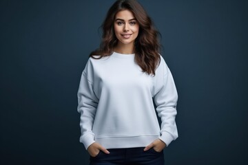 Young woman showcasing blank white sweatshirt against blue background