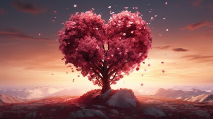 Wall Mural - cute pink heart shaped tree on blue background