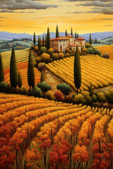 Colorful vintage oil painting of tuscany, italy