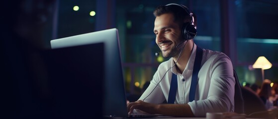 call center man wearing headphone smiled working and providing service with courtesy and attention front of laptop, Generative AI