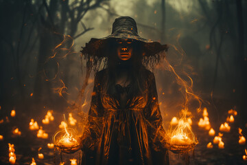 Wall Mural - witch in gothic dress makes casting fire spell in dark forest. Halloween concept