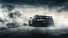 Generic Sports Car Performing Burnout Or Drifting On Racing Track With Smoke And Heat As Wide Banner With Copy Space Area, Generative Ai