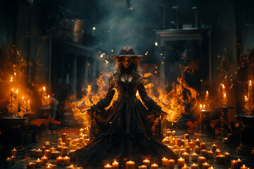 Wall Mural - witch in gothic dress makes casting fire spell in old castle. Halloween concept