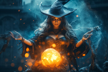 Wall Mural - Halloween Witch girl makes witchcraft used magic ball, spells. Wide Halloween party art design