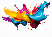 A Vibrant And Dynamic Paint Splash, Exploding Of Colors Isolated On White