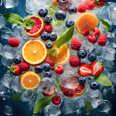 Wall Mural - Fresh healthy tropical refreshment, delicious juicy, exotic fruit cut in half chilled and iced with ice cubes. Fruit salad background.