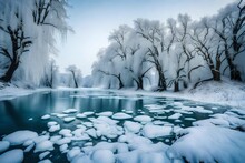 A Serene Winter Scene: A Partially Frozen River Winds Through A Snow-covered Forest, The Water's Surface Glazed With A Thin Layer Of Ice Reflecting The Bare Branches Of Trees Lining Its Banks, 