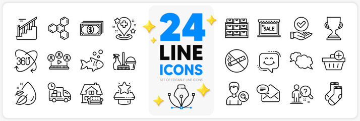 icons set of search employee, smile chat and approved checkbox line icons pack for app with househol