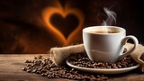 Fototapeta  - Cup of coffee with heart-shaped steam and coffee beans, Generative AI