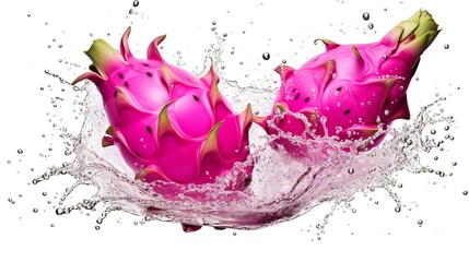 Wall Mural - Dragonfruit with water splash on black background, Generative AI