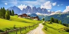 AI Generated. AI Generative. Green Hill Mountain Nature Outdoor House Countryside Landscape View. Graphic Art