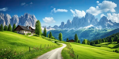 AI Generated. AI Generative. Green hill mountain nature outdoor house countryside landscape view. Relaxing calm background