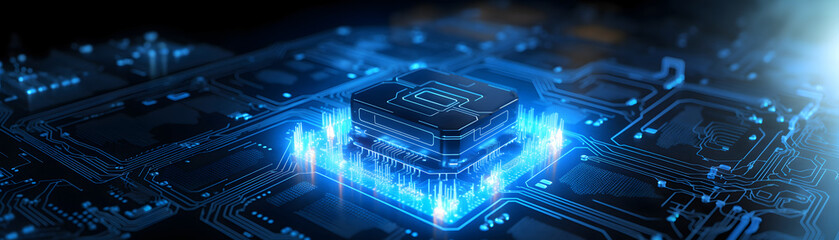 Data Storage Tech: Neon Data Flows on Futuristic Motherboard with Cloud Download Symbol on Microchip