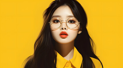Wall Mural - asian woman with glasses. yellow background. model. japan, china, korea.