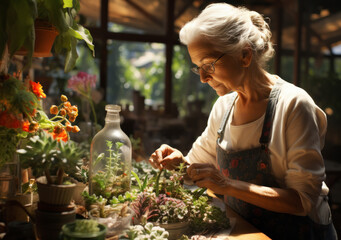 Wall Mural - old woman gardening