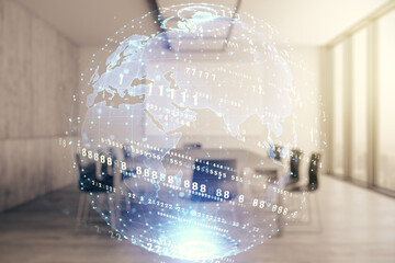 Multi exposure of abstract programming language hologram and world map on a modern furnished office interior background, artificial intelligence and neural networks concept