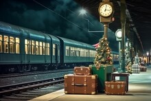 A Christmas Train Station Platform With Vintage, Generative AI.	