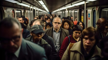 A Big Crowd Of People In The New York Subway Metro In Rush Hour On Their Way Home Driving With Trains. In The Evening After Work Day. Everybody Is Tired.
