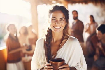 Wall Mural - Portrait of a happy and smiling yoga teacher on Ibiza island, holding cacao drink in ceramic cup. Blurred people in the background