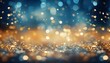 Background of abstract blue and golden bokeh, glittering lights and confetti