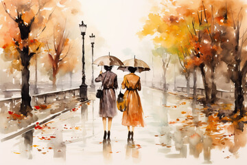 two women walking in autumn outdoors, aquarelle style, ai generated