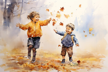 children playing outdoors in autumn , aquarelle style, ai generated
