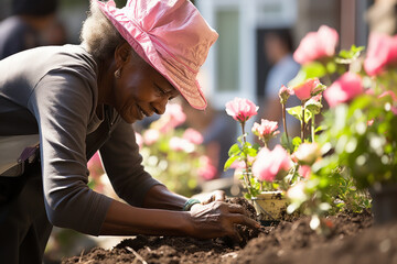 Wall Mural - Old women are gardening in the backyard