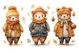 Fototapeta Koty - Cozy Watercolor Bears in Autumn Setting
