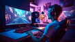 © Prasanth - a handsome gamer guy gaming on his pc computer console with keyboard mouse and headphones in front of multiple monitor. sitting on a chair in his gaming room with rgb led lights.