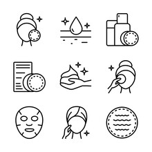 Makeup Removal And Skin Care Icons Set. Simple Flat Style. Face, Beauty, Health, Woman, Healthy, Mask, Clean, Fresh, Girl, Cleansing Concept. Vector Illustration Isolated On White Background. Aestheti