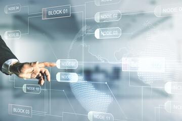 Wall Mural - double exposure of male hand presses on abstract programming language and world map on blurred offic