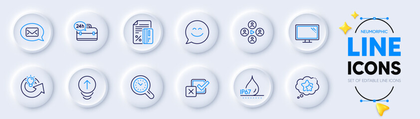 Monitor, Checkbox and Share idea line icons for web app. Pack of Smile chat, Swipe up, Ranking stars pictogram icons. Video conference, Messenger, Time management signs. Waterproof. Vector