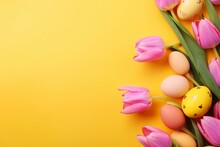Colorful Easter Eggs And Pink Tulips On A Stylish Yellow Background. Top View, Flat Lay, Mockup, And Overhead Template. Generative AI