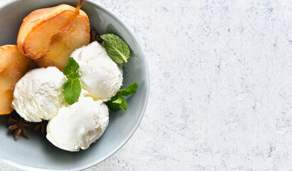 Ice cream with poached pears