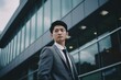 © Yuliia - Young serious businessman Korean Japanese banker modern worker man Asian guy in business suit Chinese entrepreneur male CEO employer consultant standing in front off office company building outdoors