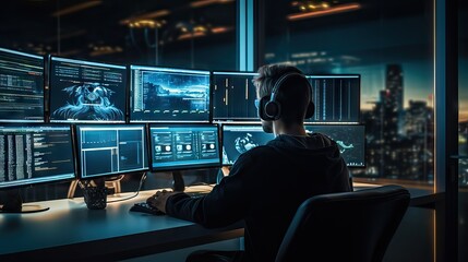 A focused software developer or data analyst working diligently in a dimly lit office, surrounded by multiple monitors displaying data and information panels. Generative AI