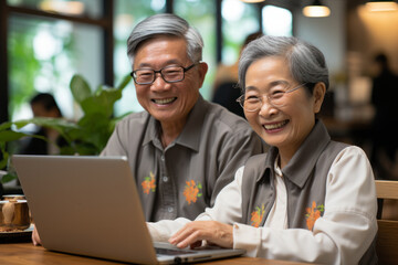 Canvas Print - asian senior couple using device