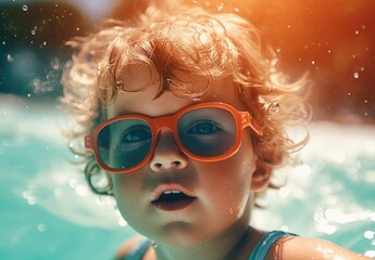 Portrait of happy children enjoying summertime at the pool. Sleek kid with sunglasses, perfect portrait of kids playing in the pool