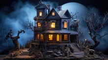 Miniature Haunted House Diorama With Spooky Details. Halloween Concept
